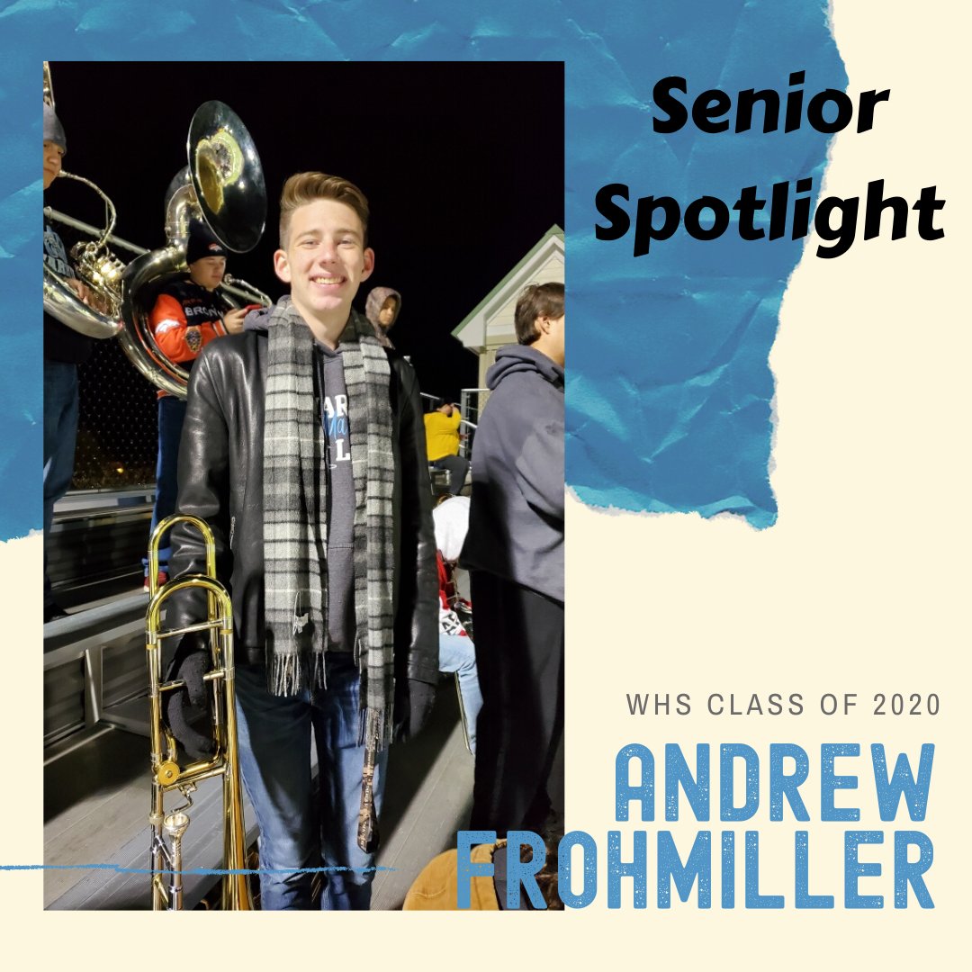 WarhillHigh's tweet photo. We can't let this one slide - it's time to celebrate trombone player Andrew Frohmiller! Find out about his dream job on the WHS website. Congratulations, Andrew! Good luck at GMU! #WJCCGrad2020 #WeAreWJCC #TheWarhillWay #PowerinthePride @warhillco2020 https://t.co/l0TMHaQ3xz