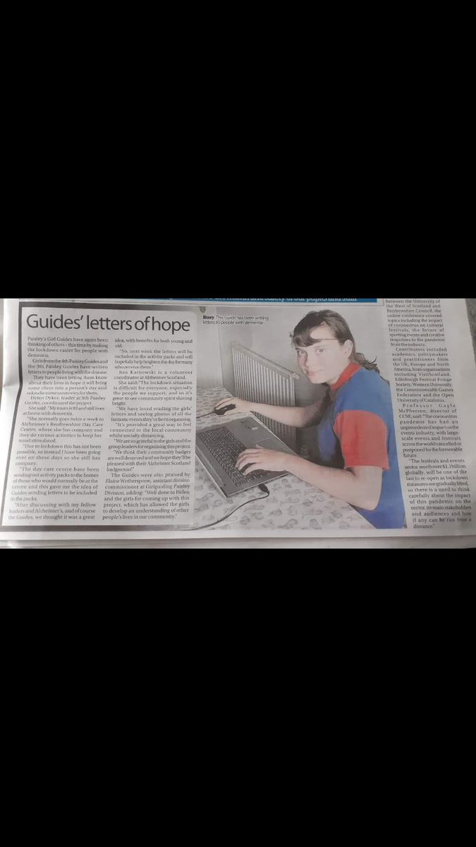 Check out the Paisley Daily Express to see how our brilliant Guides and Leaders have been writing letters for people who are coping  with Alzheimers and this difficult time - well done girls! 💕 #supporteveryone #girlguidingpaisley <a href="/PDEofficial/">PDE</a>  <a href="/GirlguidingScot/">Girlguiding Scotland</a>