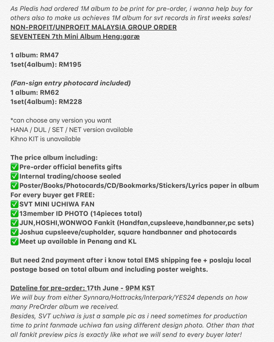2kjSofea's tweet photo. {MSIA/MY GO/SHARE EMS}🇲🇾NON-PROFIT/UNPROFIT
SEVENTEEN 7th Mini Album Heng:garæ #Henggarae

1album:RM47 1set:RM195
+Fansign entry pc:RM62|RM228

✅Meet up@Penang/KL
✅PreOrder benefit gift+Extra freebies
DM to buy💕

If you couldn’t support in this,do join my Heng:garae giveaway🥰 https://t.co/9UFIWlNfv5