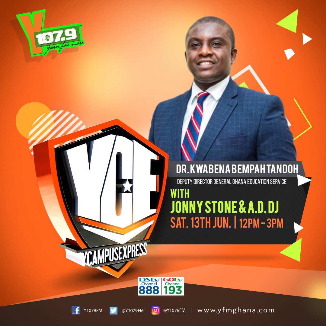 JonnyStone_'s tweet photo. Join myself and  @addjmusic right now on @Y1079FM for #YCampusExpress. 

Our guest today is Dr. Kwabena Bempah Tandoh Deputy Director General of the Ghana Health Education Service. Let me know what you to ask him. 

#YBackToSchool #YCE #YFMGhana https://t.co/nfKJyov8rt