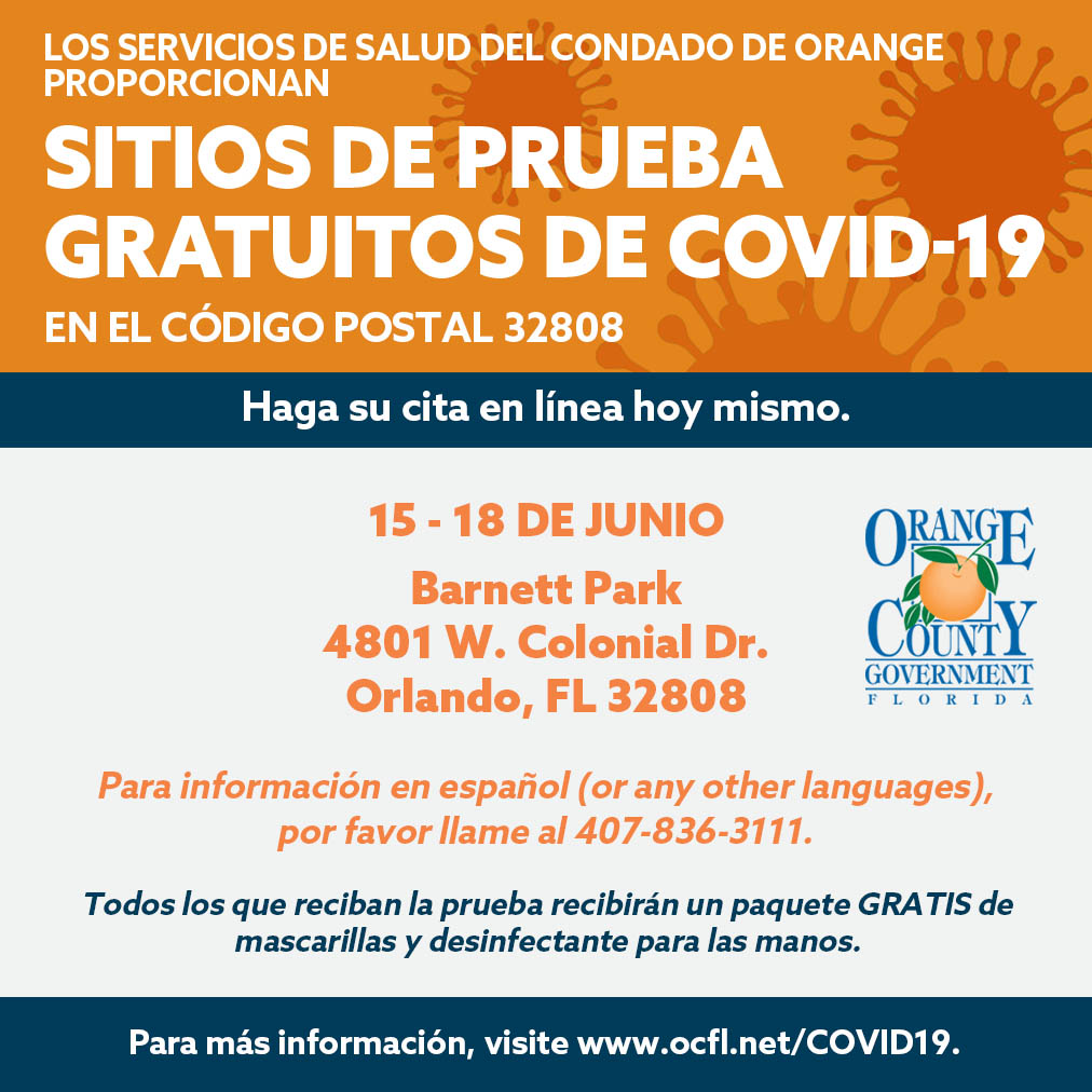 AmyOCPA's tweet photo. Heads up, Orange County! Free COVID-19 testing is available to all residents from June 15-18 at Barnett Park. Everyone tested will receive a pack of face masks and hand sanitizer to help keep our community safe. Set up your appointment online at https://t.co/WpyBYXtZMf. https://t.co/RaCnXwdHE1