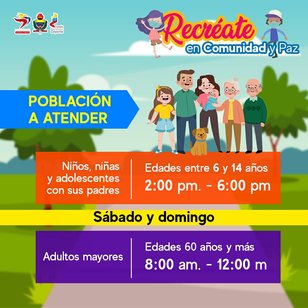 INDeporteVE's tweet photo. ¡SÁBADO FAMILIAR! 🗣️ Hoy Volvemos con la jornada de flexibilización ordenada por el Pdte. @NicolasMaduro quien informó el horario permitido, para nuestros adultos mayores y los más pequeños de la casa. 👦🏻👵🏾😷🇻🇪❤️ No lo olvides #RecreateEnComunidadYPaz #GrandeVzla https://t.co/WIMV2OQ2aA