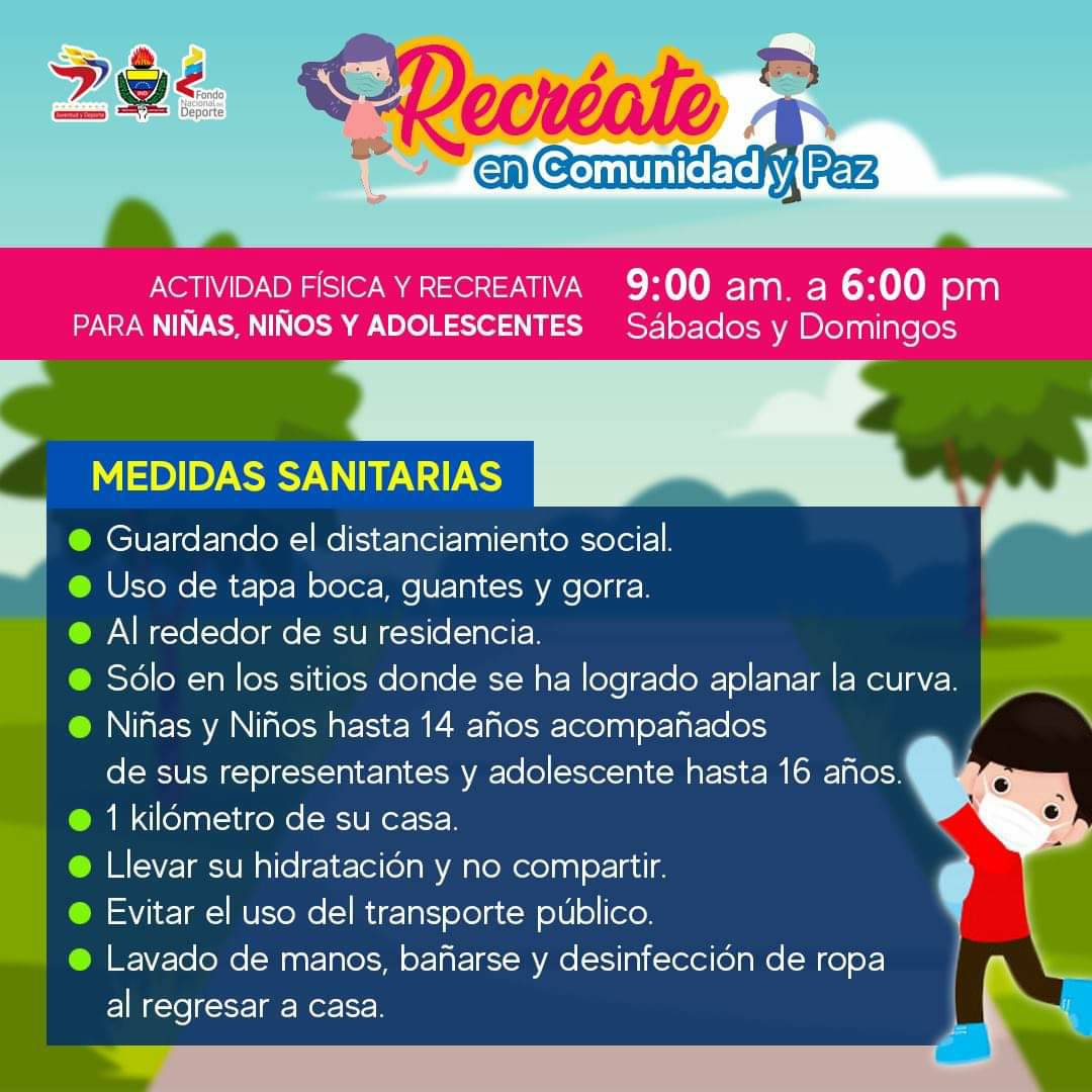 INDeporteVE's tweet photo. ¡SÁBADO FAMILIAR! 🗣️ Hoy Volvemos con la jornada de flexibilización ordenada por el Pdte. @NicolasMaduro quien informó el horario permitido, para nuestros adultos mayores y los más pequeños de la casa. 👦🏻👵🏾😷🇻🇪❤️ No lo olvides #RecreateEnComunidadYPaz #GrandeVzla https://t.co/WIMV2OQ2aA