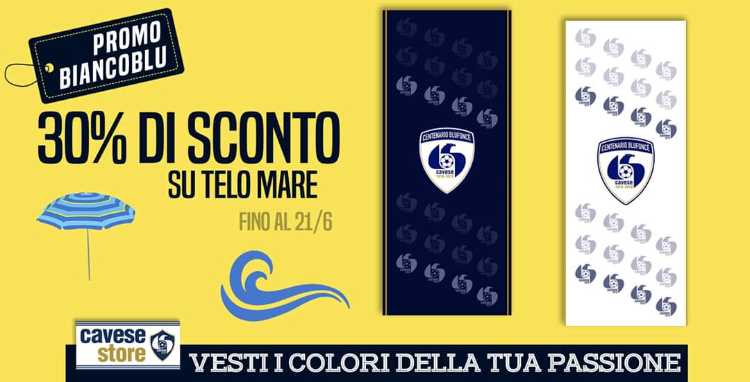 PROMO BIANCOBLU TELI MARE⚪🔵

🏖Al Cavese Store inizia l'estate con lo sconto sui teli mare, fino a domenica 21/6!!! Cavese Store Corso Umberto I, 159

ℹVUOI RICEVERE GADGET E SCONTO DEL 20% SU TUTTI I PRODOTTI DELLO STORE? ISCRIVITI ➡ store.cavese1919.it/register.html