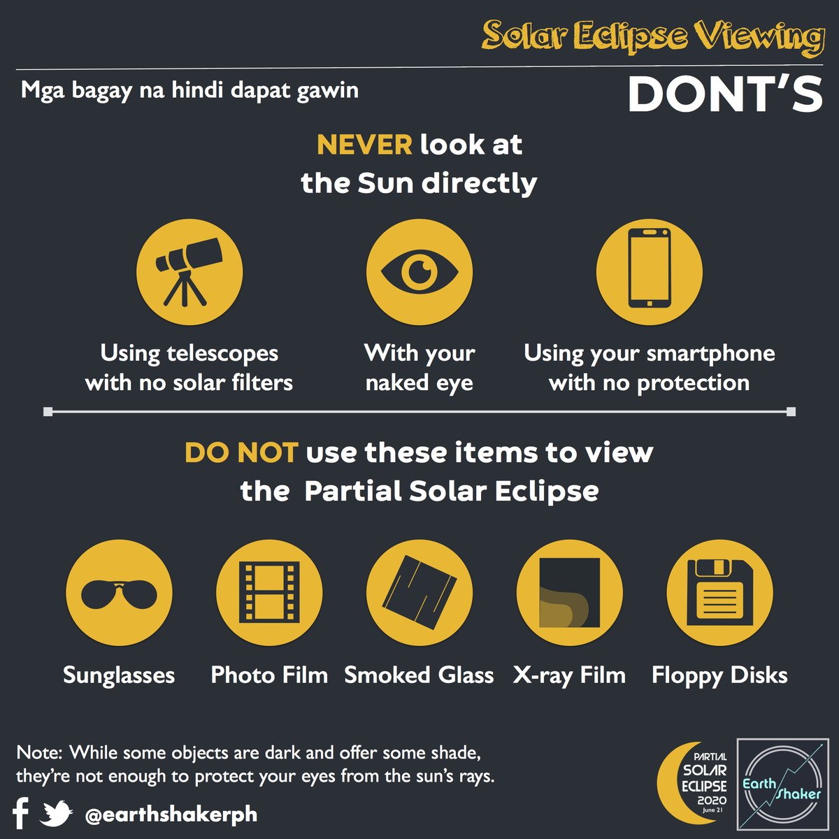 earthshakerph's tweet photo. SOLAR ECLIPSE VIEWING - SAFETY GUIDELINES

We're now down to 8 days before the much awaited Partial #SolarEclipse in the Philippines! To help you prepare, we have some safety tips to ensure that your eyes can still see future solar eclipses. :) https://t.co/vWgukZxuZq