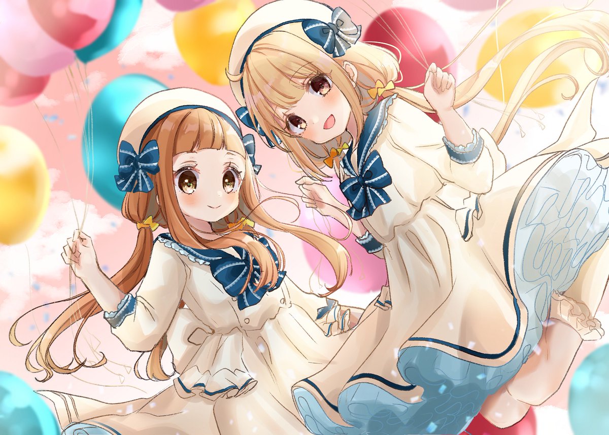 ichihara nina multiple girls 2girls balloon twintails smile hat dress  illustration images