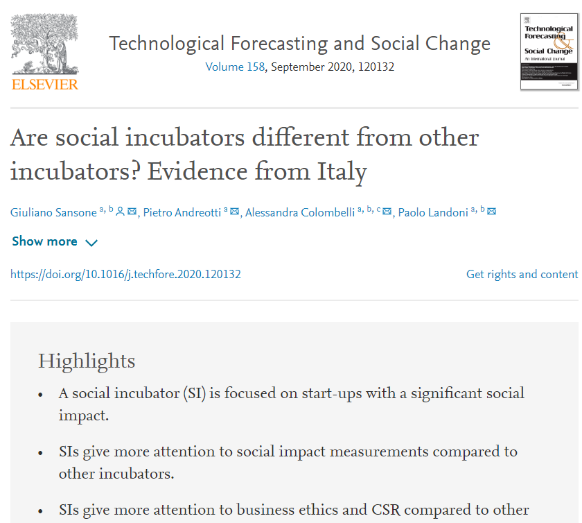 Cosa sono e quali sono le performance degli incubatori sociali? Scoprilo in questo nostro nuovo articolo: authors.elsevier.com/a/1bDSn98SGmPzI.

Grazie a tutti gli incubatori che hanno risposto alla survey e ai partners