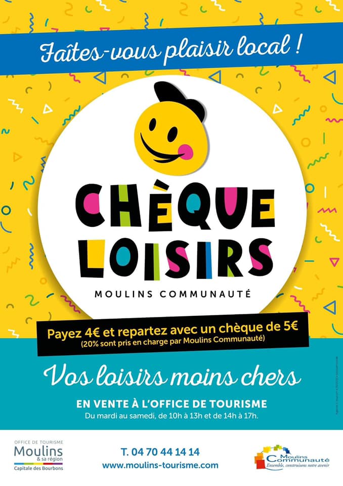 Avec le chèque Loisirs, soutenez l’économie ! Utilisable dans différentes structures de Moulins, mais aussi de l’agglomération ! 
#agglomoulins 
Disponibles à l’office de #tourisme de Moulins ! Plus d’infos: moulins-tourisme.com