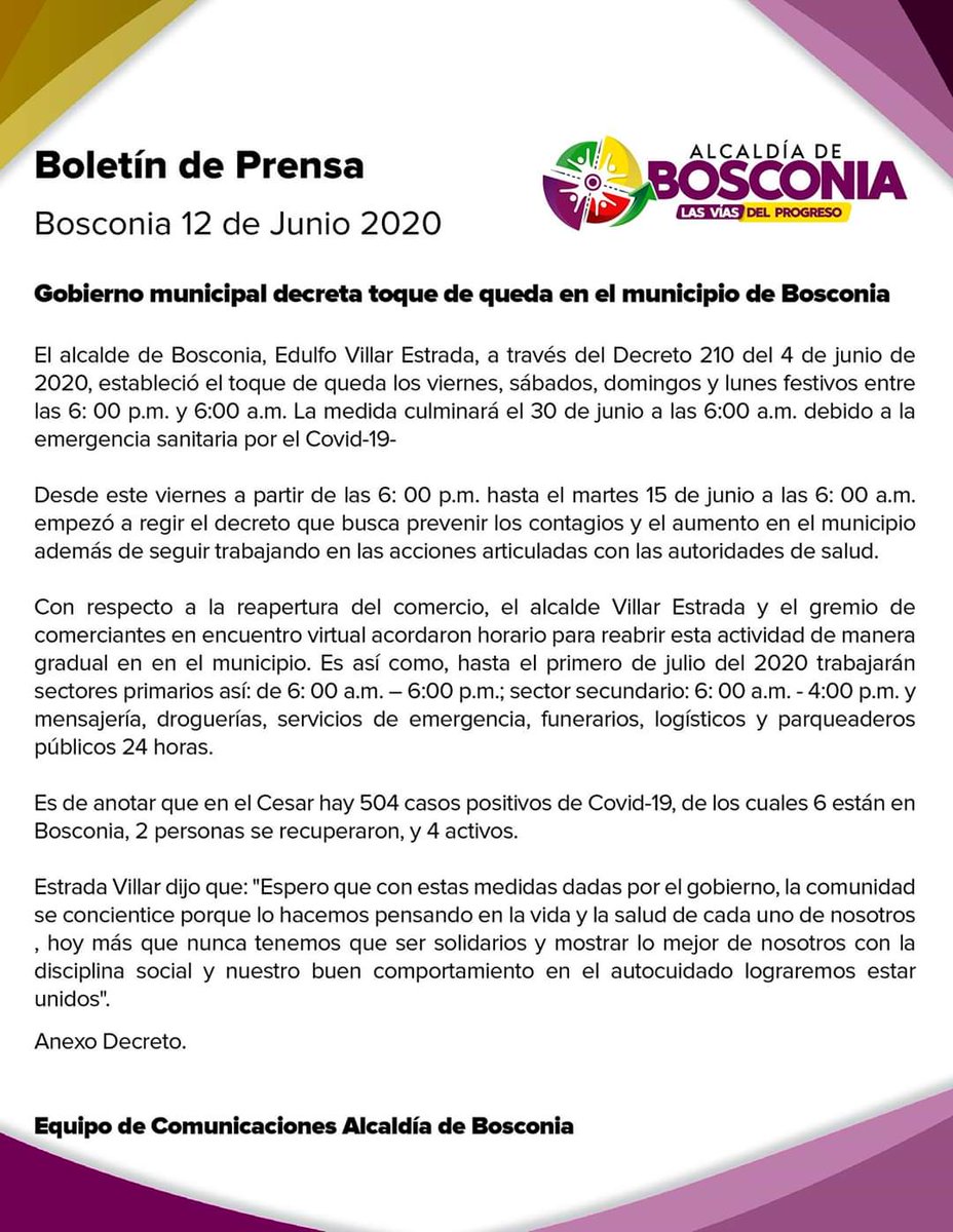 ABosconia's tweet photo. Gobierno municipal decreta toque de queda en el municipio de Bosconia. #LasVíasDeLProgreso
#QuédateEnCasa https://t.co/ktM81fAmoo