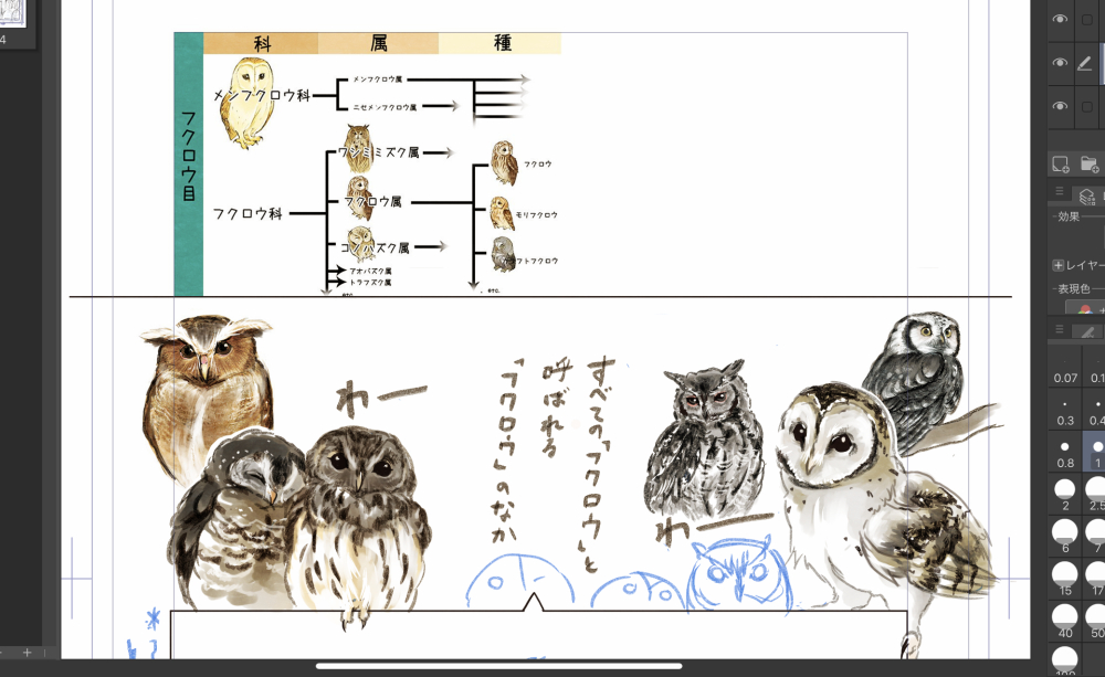 ここぞとばかりに普段描かない、「〇〇フクロウの絵見たい〜」とコメントもらったコたちを描き描き。
まだまだ増殖中〜お好きなフクロウはおりますか🦉? 