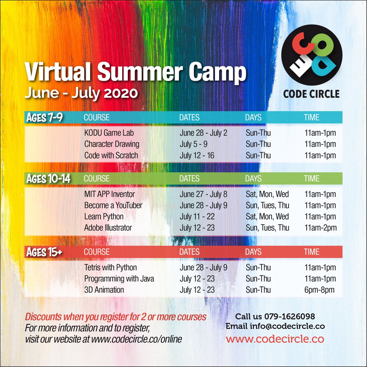 codecirclejo's tweet image. Our Virtual Summer Camp is out!
- Fun summer classes.
- Motivating instructors.
- A place to make new friends.
- Small classes guaranteed.
Discover the right online course for you! Click here for more info codecircle.co/online
#summercamp #Amman #Jordan #coding #onlineclasses