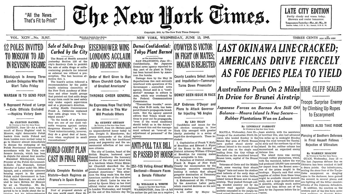 June 13, 1945: Last Okinawa Line Cracked; Americans Drive Fiercely As Foe Defies Plea to Yield  https://nyti.ms/3cZfZrN 