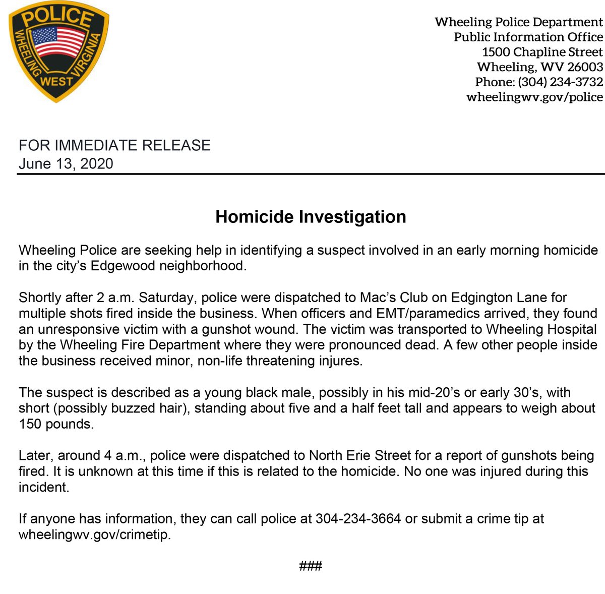 Wheeling Wv Police Homicide Investigation Got Info Call 304 234 3664 Or Submit A Crime Tip At T Co Znti8jrjsv