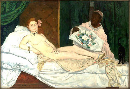 This is Olympia, by Édouard Manet. It was exhibited in the 1865 Paris Salon & caused an absolute scandal as it clearly depicted a sex worker. It was condemned as "immoral" and "vulgar”. But who were the women who modelled for Manet? A thread.