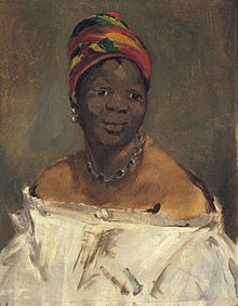 The black maid in the background of Olympia is a model known only as Laure, who worked with Manet several times. She modelled for this Manet painting (La Négresse) in 1863.