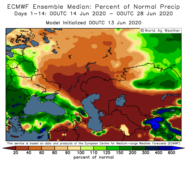 sizov_andre's tweet photo. Russia is predicted to be extremely DRY in the next two weeks! [Not a big deal though after recent rains]. 

Recent weather has been not far from ideal for the new #wheat crop. More details in our weekly report and crop forecast: https://t.co/c54ba28YUw #agwx https://t.co/fTYpCxQCzk