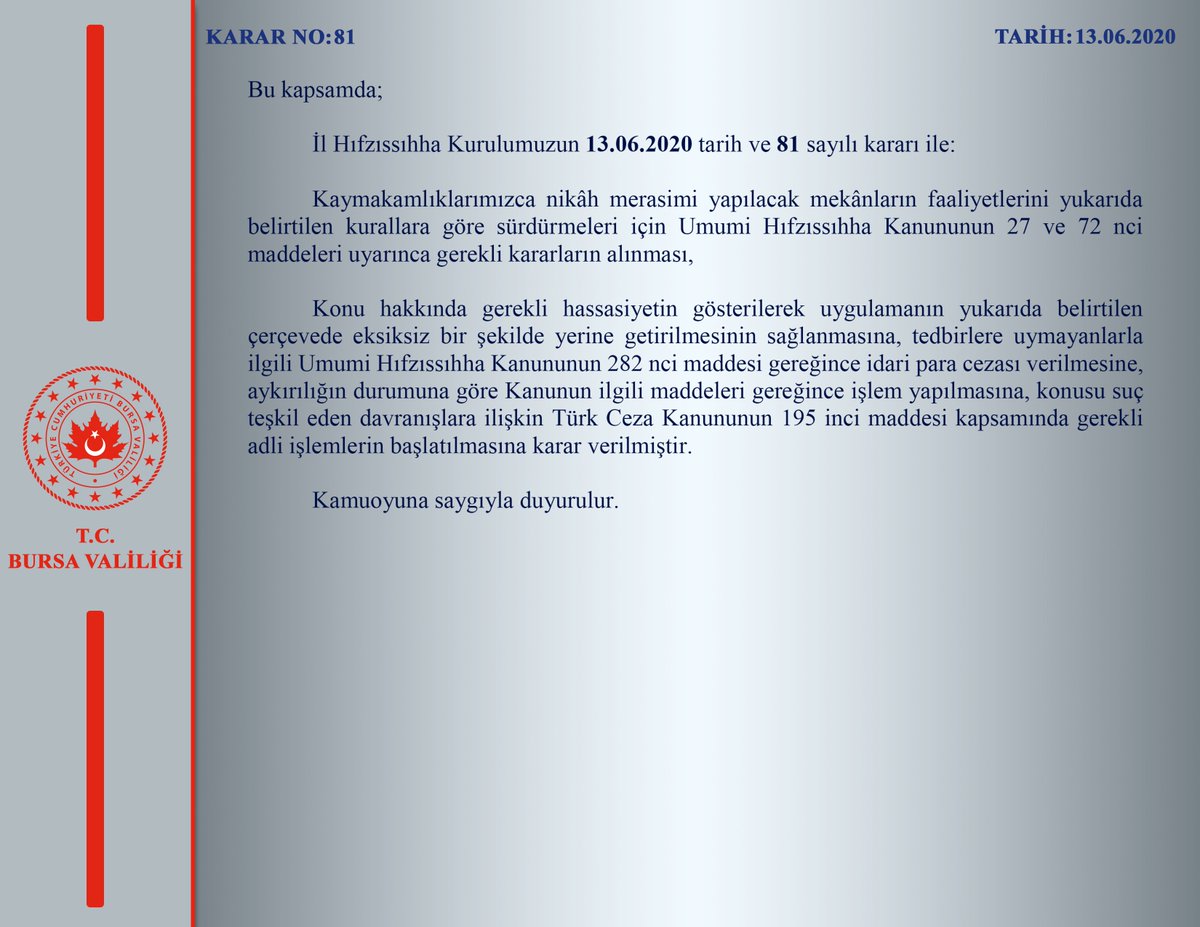 İl Hıfzıssıhha Kurul Kararı (Karar No:81/2)
instagram.com/t.c.bursavalil…