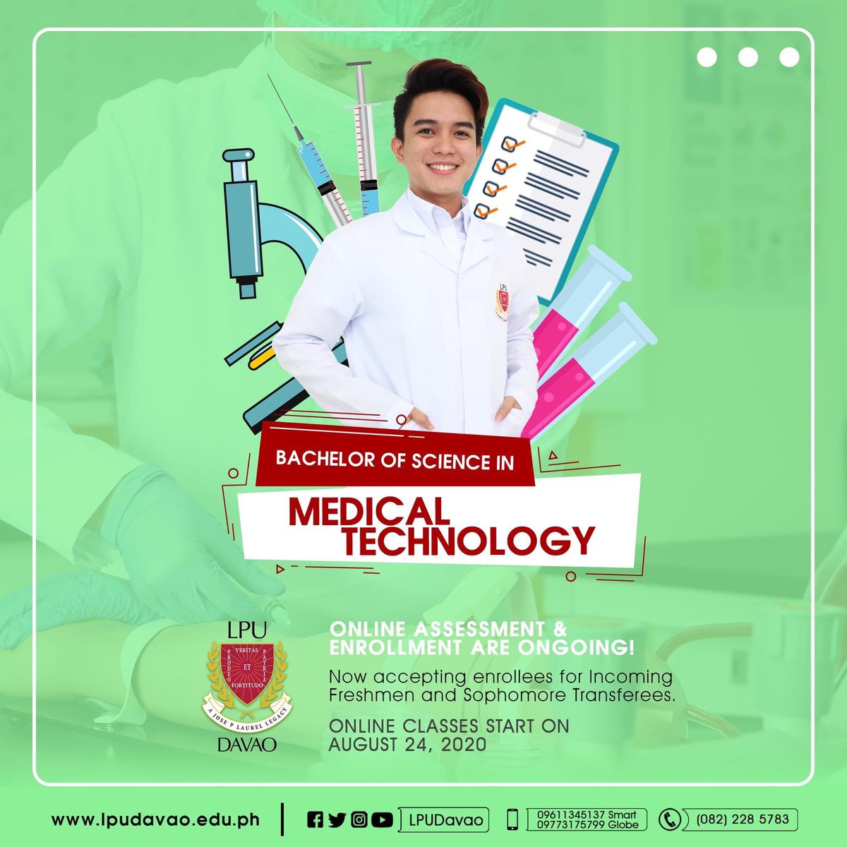 mynameisgero's tweet photo. LPU Davao is now accepting enrollees incoming College Freshmen and Sophomore Transferees for AY 2020-2021
For inquiries, call us at 0917 702 6976, 0917 703 0191, and 0917 709 4311.
#TakeTheLead
#LiveYourFutureNowInLPUDavao #MedicalTechnology #BSMLS #BSMT #MLS https://t.co/z7Sg3K4dB1