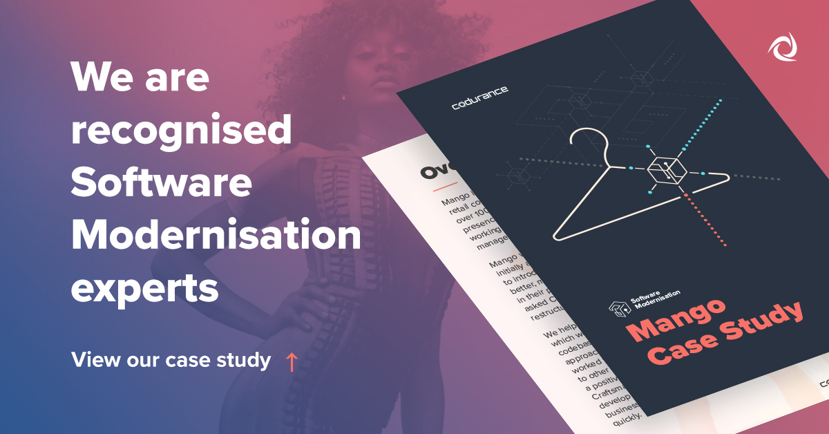 codurance's tweet image. Strategic advice, cultural change, and monolith to microservices migration: A complete approach to software modernisation. View the full case study 👉 bit.ly/3cTUQPK #SoftwareModernisation