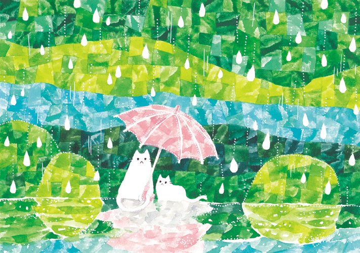 「雨と紫陽花を集めました。水彩絵具で色々なモチーフとネコをよく描きます(=ФωФ=」|itosaekoのイラスト