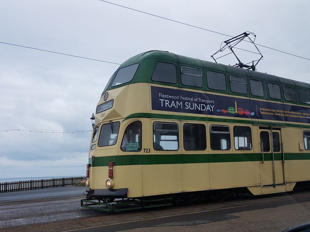Last Wednesday.  Blackpool Heritage Tram 723 warming things up for unlock while the tram service is closed. Near The Cabin.