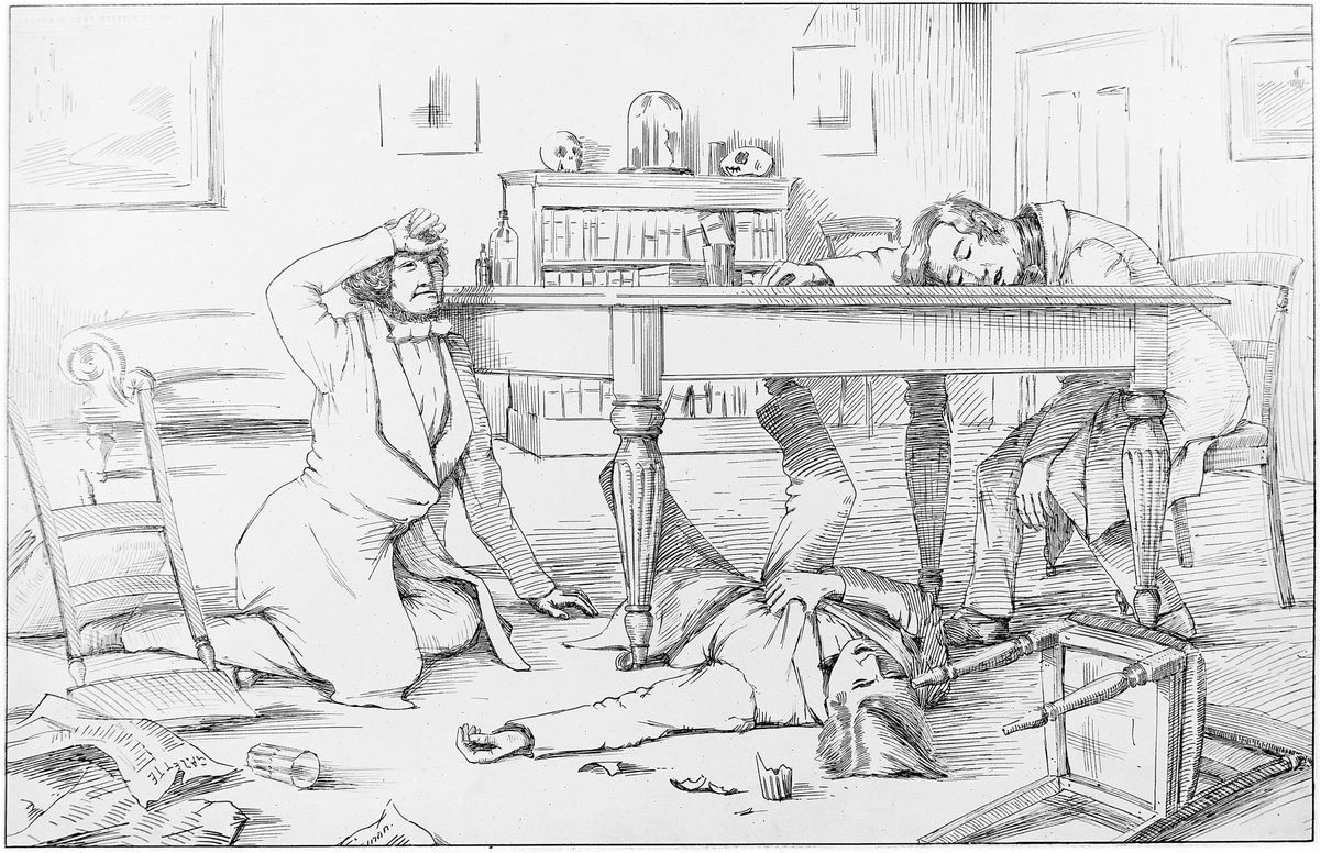 (2/8) The anaesthetic powers of chloroform was first discovered in 1847 by the Scottish physician James Young Simpson. He and his two friends experimented with it on the evening of November 4th. At first, they felt very cheerful and talkative. After a short time, they passed out.