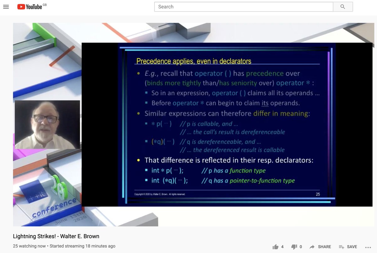 timur_audio's tweet photo. Wow π€― I just found out that there is a design principle underlying C/C++ declaration grammar which actually makes sense! I even worked on a C++ declaration parser in the past and I did not realise this π Thanks Walter E. Brown! @italiancpp #itCppCon20 https://t.co/Kbz5D0XGed