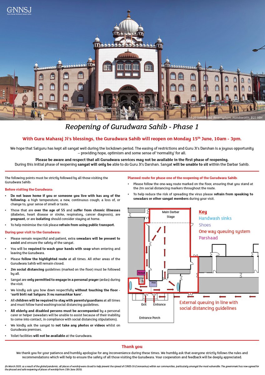 nishkammedia's tweet photo. With Guru Maharaj Ji's blessings, the Gurudwara Sahib will reopen on Monday 15th June 10am - 3pm

Please read the attached poster for more information.

Thank you 🙏

#Covid #faith #worship #Sikh #gnnsj #nishkam https://t.co/ktOLKWeeqn
