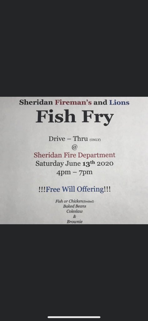 SheridanFire's tweet photo. Today is the day! Come and see us this evening and let us take care of dinner! Fish fry at the Fire Dept, 506 S.Main Street, in down town Sheridan. 4-7pm. #eatmorefish 🐠🐠🐠🐠 https://t.co/MNYBy7PK94