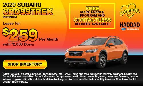 Our showroom is open until 5pm today!

Take advantage of our FREE maintenance program when you purchase or lease any new SUBARU!  

We are also offering up to 120% of KBB for trades.

You can start shopping from home at haddadsubaru.com!