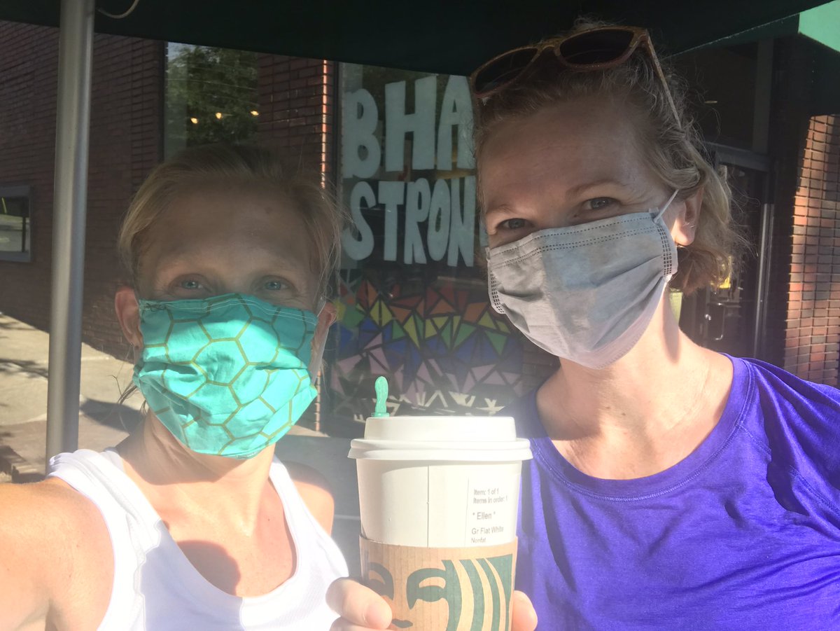DrEllenEaton's tweet photo. Happy Saturday! Early miles plus ☕️ with one of my favorite healthcare workers and COVID survivors. 5 mi not bad for a 🦠 recovery run 🏃♀️ 🏃♀️ 5 wks after her diagnosis. #shopsafer #bhmstrong #maskingforaFriend https://t.co/taKFOz2pJs