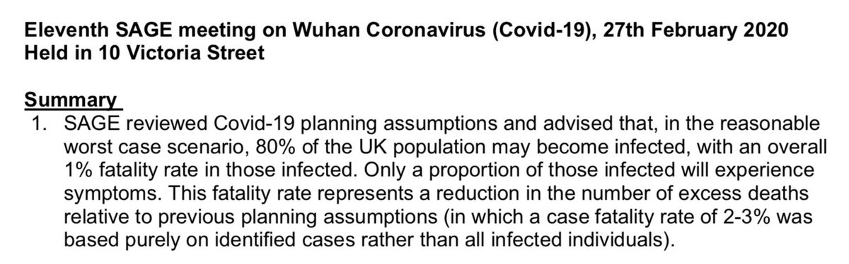 34/. At the SAGE meeting on 27 February, the Reasonable Worst Case for deaths was estimated at 1% of the potentially infected 80% of the population (around 500,000).The minutes show that this figure was welcomed(!), since the earlier estimate was 2-3%.  https://assets.publishing.service.gov.uk/government/uploads/system/uploads/attachment_data/file/888778/S0379_Eleventh_SAGE_meeting_on_Wuhan_Coronavirus__Covid-19__.pdf