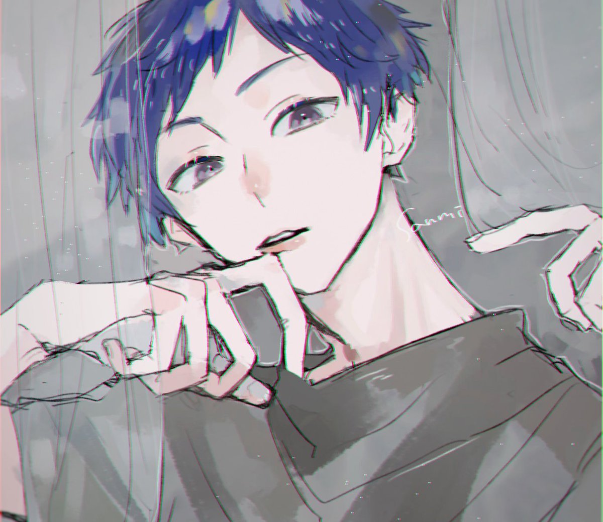 1boy male focus solo blue hair short hair upper body looking at viewer  illustration images