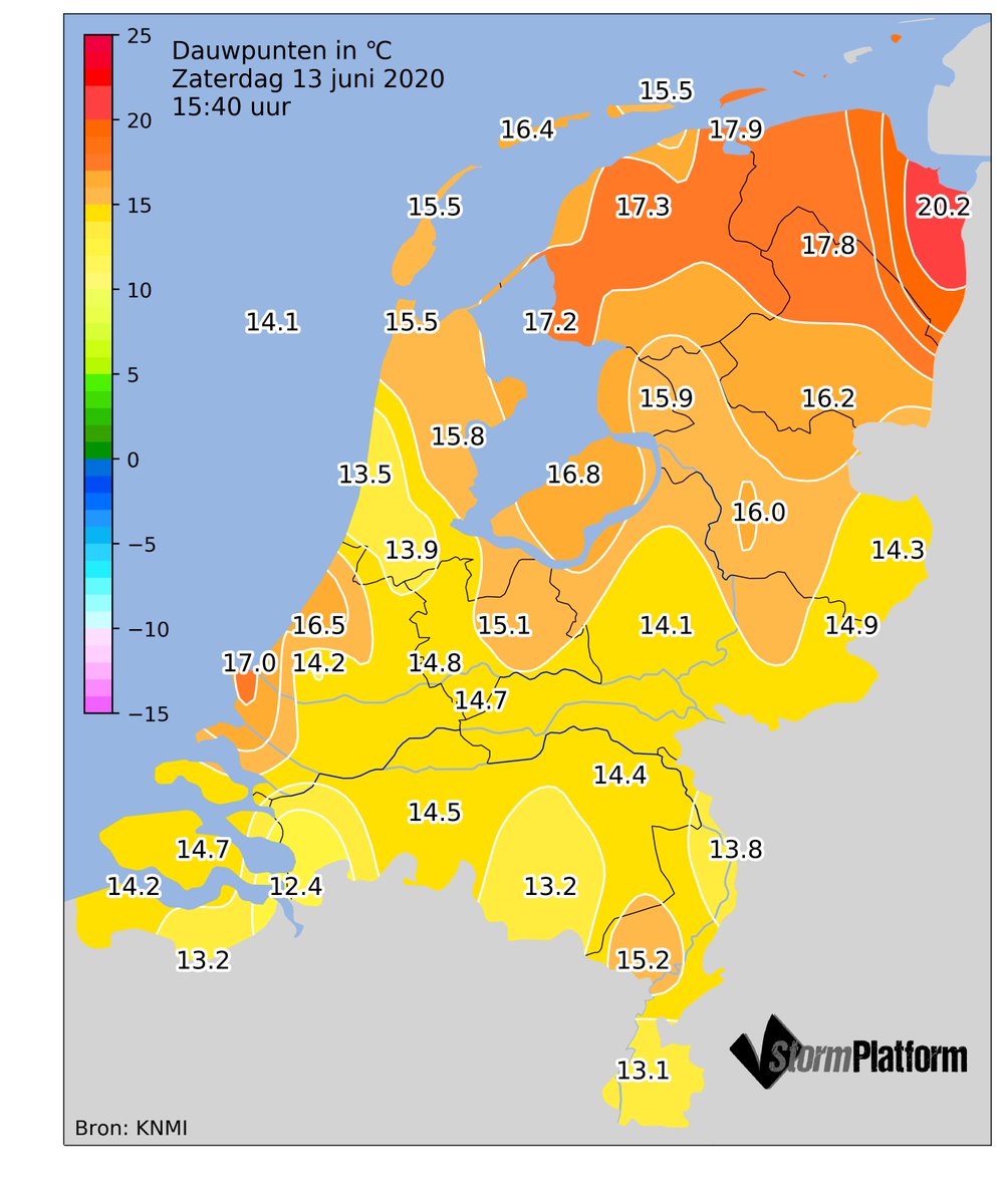 Noordoosten van NL heeft dauwpunten van &gt;20gr te pakken. Enorm klef dus en straks mogelijk pittig onweer. Bekijk de observaties live op: stormplatform.nl/actueel