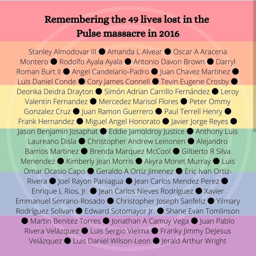 Four years ago yesterday, 49 lives were snatched in an act of pure hatred. Gay, straight, queer, Latin, Black, white. Pulse Nightclub in Orlando was, and remains, a haven of equality, love, joy, acceptance, and peace. We remember all 49 souls and we mourn them. 🌈💜💋