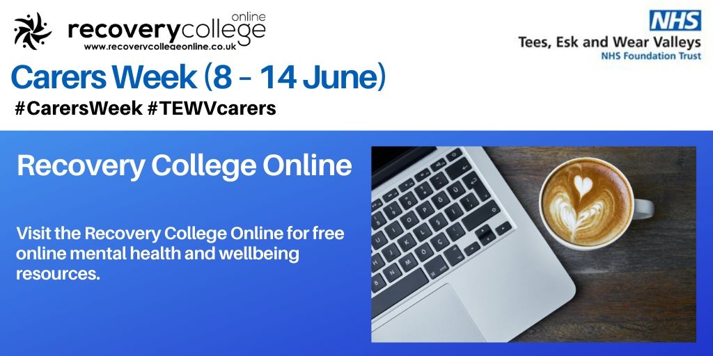 TEWV's tweet photo. If you are a carer and feeling low in mood, worried or stressed our Recovery College Online has a wealth of mental health and wellbeing resources which could help https://t.co/lzkAOQFSUU #CarersWeek #TEWVcarers https://t.co/lIRkSGpinc