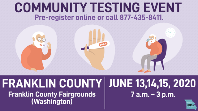 FRANKLIN COUNTY COVID-19 Community Testing Event starts today through June 15 at the Franklin County Fairgrounds in Washington from 7 am to 3 pm each day. Pre-register by calling 877-435-8411 or online at health.mo.gov/communitytest
#ShowMeStrong