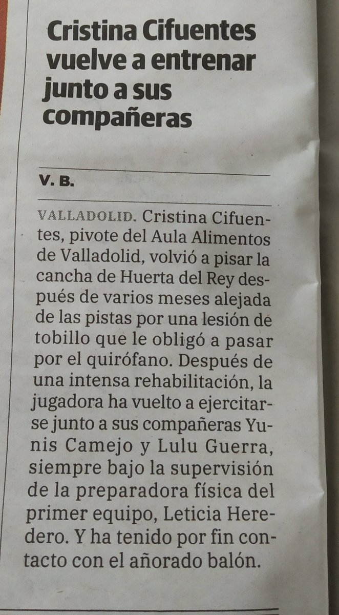 BmAulaCultural's tweet photo. La noticia de la vuelta a entrenar en Huerta del Rey de @Ccifuentes17 tras su lesión es recogida hoy en @nortecastilla por @Vicborda65 . #AnimoCris #espírituAula @alimentosVALL @LAsNONNA @GOfit_es @UEMC @CeltasCortos @AEi_comercial @Scwuimac https://t.co/KTc2PaWSQ8