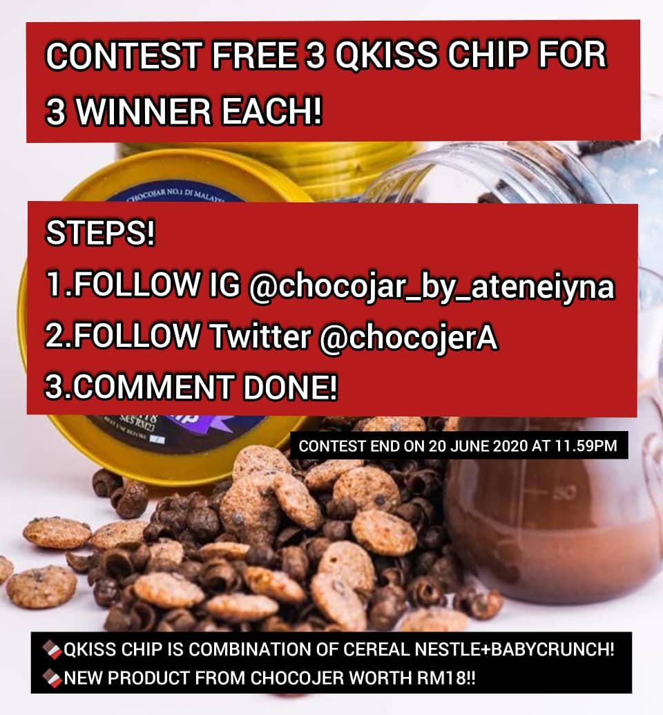 ChocojerA's tweet photo. AAA SNGNYA!!😍QKISS CHIP WORTH RM18 COMBINATION OF CEREAL NESTLE AND BABYCRUNCH 🙈🙈🍫🍫 

P/S:CONTEST END ON 20JUNE 2020 AT 11.59PM
#contest #chocojarfree #chocolate #free #giveaway #chocojerrviral https://t.co/BZDCDW7nE2