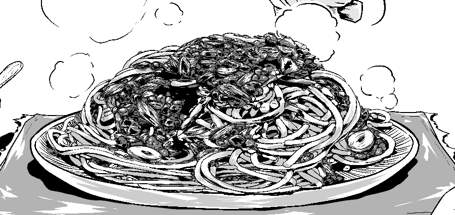 一体ソースはどうしたら…と描いたパスタ 