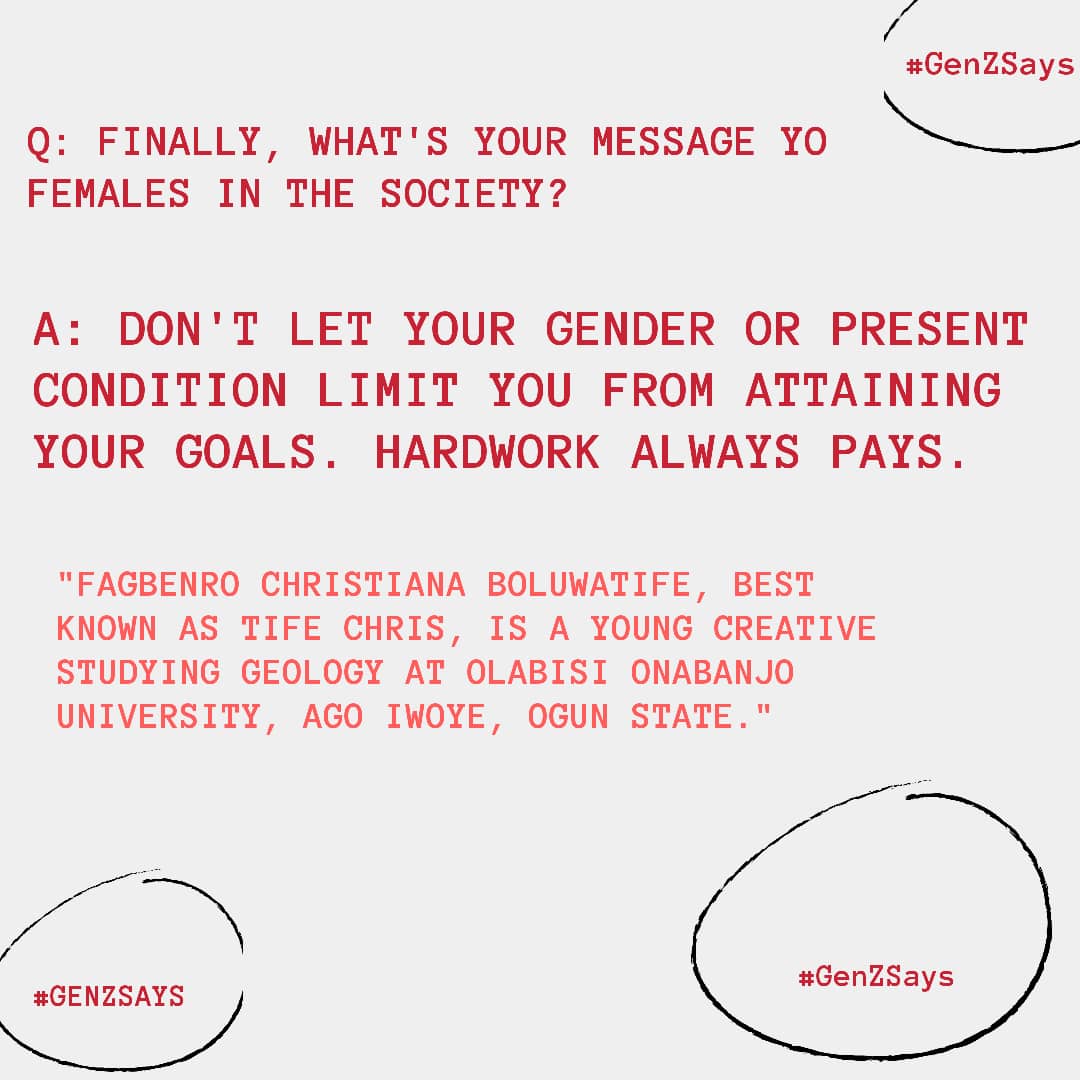 GenZSays's tweet photo. Here's an interview with a female advocate @TifeChris . She's a visual artist, writer, and a poet. See the rest of the interview here https://t.co/CqTd9nhSSd
#genzsays #genzrevolution #genzunite
@genzhermagazine @UN_Women https://t.co/MCCSIRzoZz