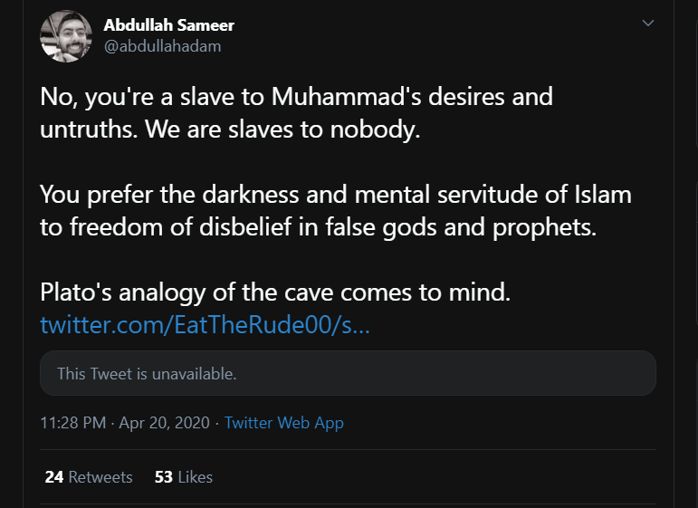 Here Sameer thinks Plato's cave allegory supports him. Infact it is the opposite, the cave allegory talks about people who follow materialism & are blinded by it and cannot see beyond, and that there is a higher invisible realms, God.