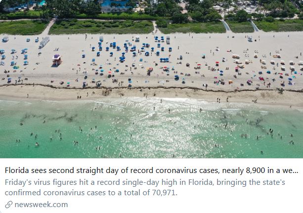 "The state has seen nearly 8,900 new cases this week with Friday's numbers reaching a record single-day high. In the last ten days,  #Florida has seen an increase of over 1,000 daily cases of coronavirus nine times. The outlier, June 8, saw 966 new cases." https://twitter.com/Newsweek/status/1271614815333691392?s=20