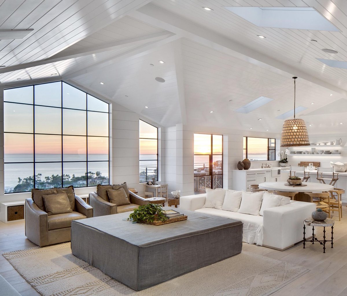 Vaulted ceiling great room with many skylights and ocean view, Laguna Beach, California  #interiors #architecture
