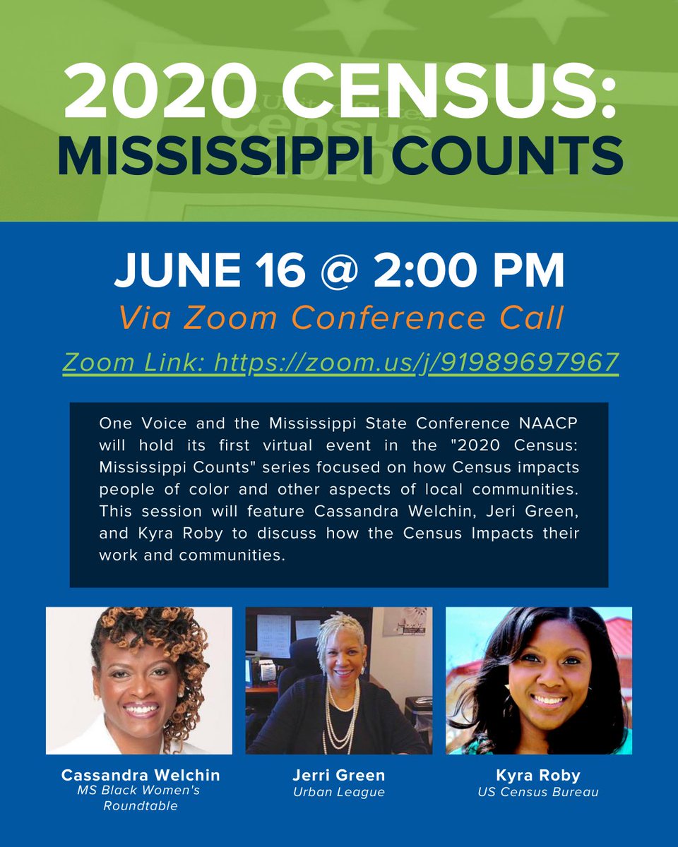 This Tuesday at 2:00 PM One Voice &amp; The MS State Conference NAACP will host our first virtual event in the "2020 Census: Mississippi Counts" series! Come join us and learn more about how the 2020 Census will impact our communities and our state as a whole! #2020Census