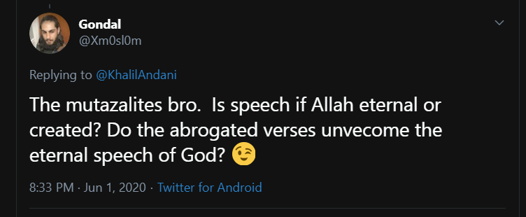 Gondal doesn't know the difference between the Mutazilites and Hanbalites.His smirk didn't last long here.(I'm blocked by Gondal, so couldn't take a sequential screenshot)