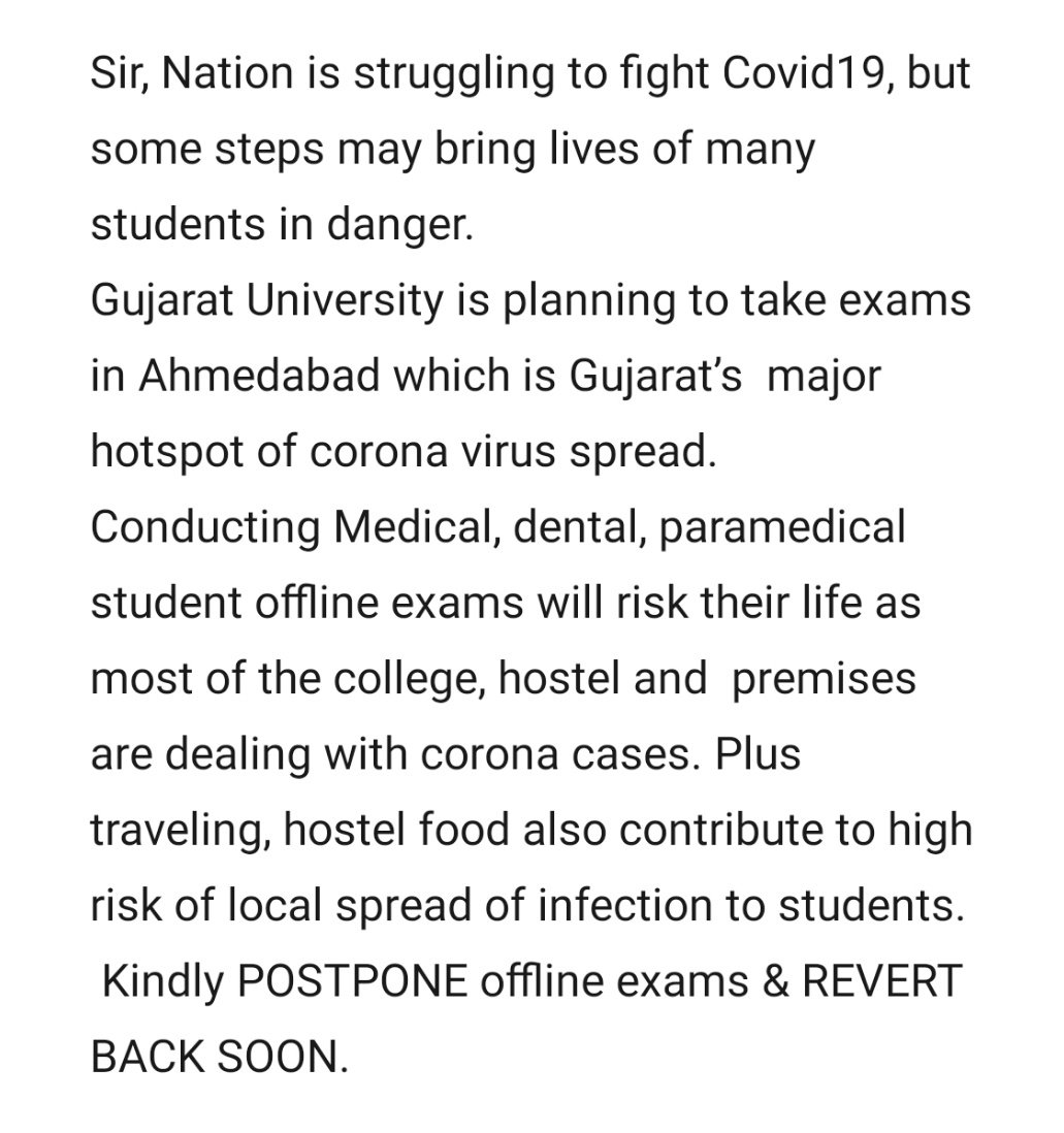 Dr. Ankitkumar Gamit (@ap_gamit) on Twitter photo Save lives of STUDENTS & YOUTH
REQUESTING GUJ UNIVERSITY TO POSTPONE OFFLINE EXAMS <a href="/gujuni1949/">Gujarat University</a> <a href="/vijayrupanibjp/">Vijay Rupani Memorial</a> <a href="/PMOIndia/">PMO India</a> <a href="/Nitinbhai_Patel/">Nitin Patel</a> <a href="/imBhupendrasinh/">Bhupendrasinh Chudasama</a> <a href="/ABPNews/">ABP News</a> <a href="/gujratsamachar/">Gujarat Samachar</a> <a href="/tv9gujarati/">Tv9 Gujarati</a> <a href="/Zee24Kalak/">Zee 24 Kalak</a> <a href="/GSTV/">GSTV</a> <a href="/EtvGujaratiNews/">Etv News Gujarati</a> <a href="/GSTV/">GSTV</a> <a href="/timesofindia/">The Times Of India</a> <a href="/gujratsamachar/">Gujarat Samachar</a> <a href="/CMOGuj/">CMO Gujarat</a> Save lives of STUDENTS & YOUTH
REQUESTING GUJ UNIVERSITY TO POSTPONE OFFLINE EXAMS <a href="/gujuni1949/">Gujarat University</a> <a href="/vijayrupanibjp/">Vijay Rupani Memorial</a> <a href="/PMOIndia/">PMO India</a> <a href="/Nitinbhai_Patel/">Nitin Patel</a> <a href="/imBhupendrasinh/">Bhupendrasinh Chudasama</a> <a href="/ABPNews/">ABP News</a> <a href="/gujratsamachar/">Gujarat Samachar</a> <a href="/tv9gujarati/">Tv9 Gujarati</a> <a href="/Zee24Kalak/">Zee 24 Kalak</a> <a href="/GSTV/">GSTV</a> <a href="/EtvGujaratiNews/">Etv News Gujarati</a> <a href="/GSTV/">GSTV</a> <a href="/timesofindia/">The Times Of India</a> <a href="/gujratsamachar/">Gujarat Samachar</a> <a href="/CMOGuj/">CMO Gujarat</a>