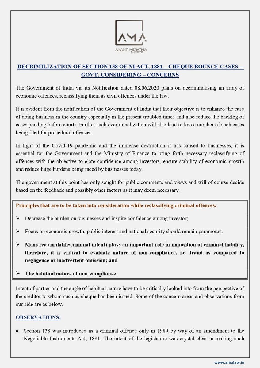 AnantMerathiaA's tweet photo. #ama #legalupdates #cheques #chequebouncing #section138 #decriminalisation #GovtOfIndia #MinistryOfFinance #easeofdoingbusiness #criminaloffenses #negotiableinstrumentsact1881 #publiccomments #inprisonment https://t.co/Gkpi15Xviz