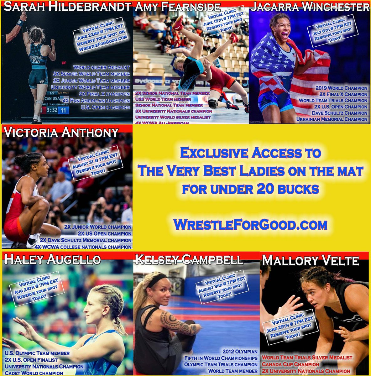 We’ve almost finalized the women’s summer e-clinic schedule. In the meantime hop on wrestleforgood.com and sign up for sessions with these amazing athletes. Amy Fearnside will be the first featured women’s clinician this Monday! <a href="/FCAWrestling/">FCA Wrestling</a> <a href="/WrstleLikeAGirl/">Wrestle Like A Girl</a>
