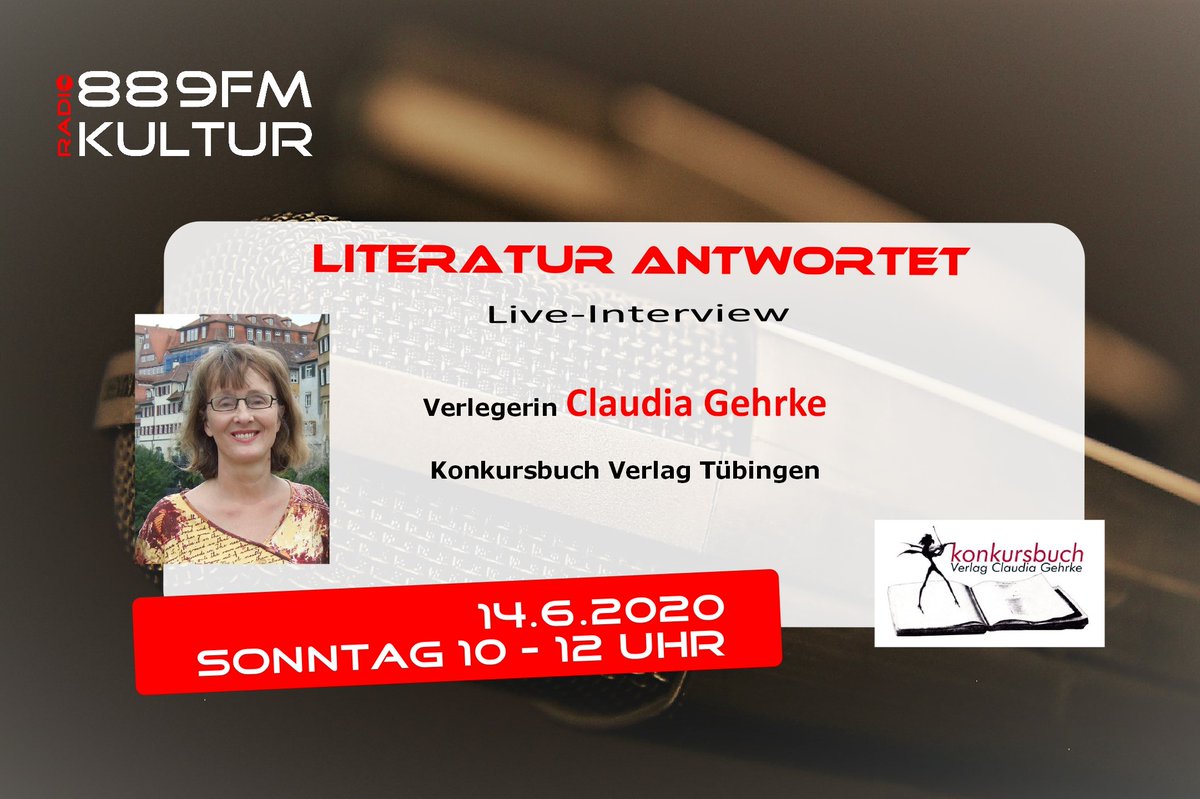 „Literatur antwortet“: Konkursbuch Verlag Claudia Gehrke
am Sonntag, 14. Juni 2020 von 10 - 12 Uhr.

Es sind die kleinen Verlage, die für Neues, Innovatives und Ungewöhnliches offen sind.
zu hören:
stream.laut.fm/889fmkultur
radio.de/s/lautfm-889fm…